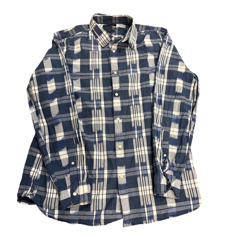 Banana Republic Camden Fit Plaid Ikat Button Down Shirt Blue White Size L